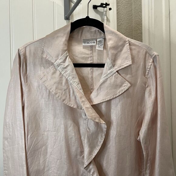 Chicos Size 2 100% Linen Light Pink Ruffle Button Up Long Sleeve Jacket Top US L - Picture 2 of 9